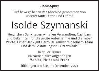Traueranzeige von Isolde Szymanski von Trauerkombi Mansfelder Land