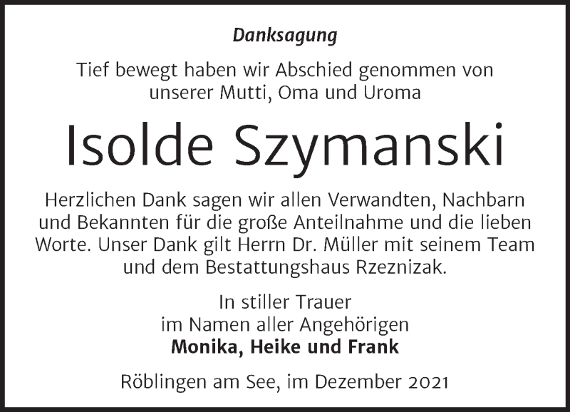  Traueranzeige für Isolde Szymanski vom 15.12.2021 aus Trauerkombi Mansfelder Land
