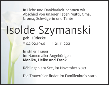 Traueranzeige von Isolde Szymanski von Trauerkombi Mansfelder Land