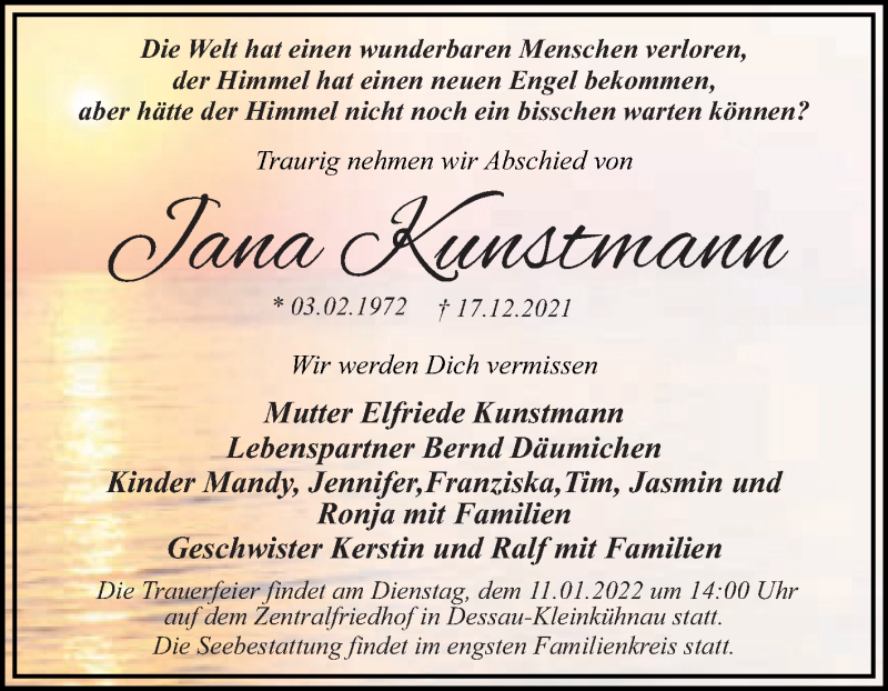  Traueranzeige für Jana Kunstmann vom 30.12.2021 aus Trauerkombi Dessau
