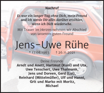 Traueranzeige von Jens-Uwe Rühe von Wochenspiegel Naumburg/Nebra