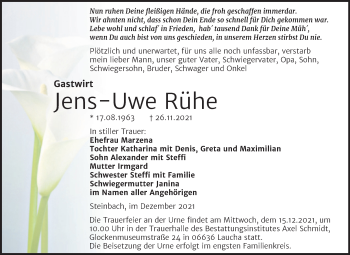 Traueranzeige von Jens-Uwe Rühe von Wochenspiegel Naumburg/Nebra