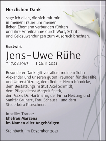 Traueranzeige von Jens-Uwe Rühe von Wochenspiegel Naumburg/Nebra
