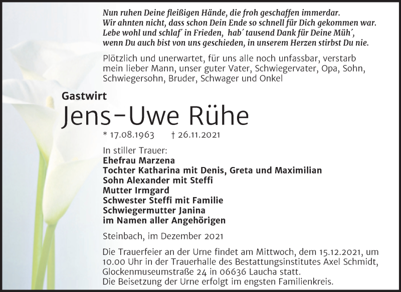 Traueranzeige für Jens-Uwe Rühe vom 01.12.2021 aus Wochenspiegel Naumburg/Nebra