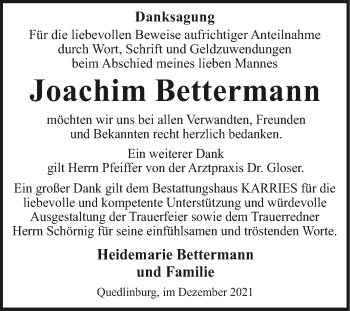 Traueranzeige von Joachim Bettermann von Trauerkombi Quedlinburg