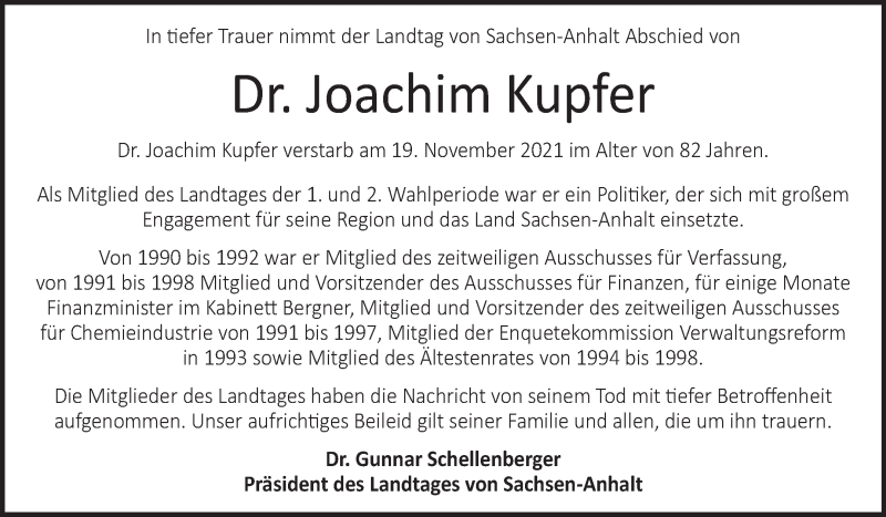  Traueranzeige für Joachim Kupfer vom 03.12.2021 aus Mitteldeutsche Zeitung Gesamt Sachsen-Anhalt Süd