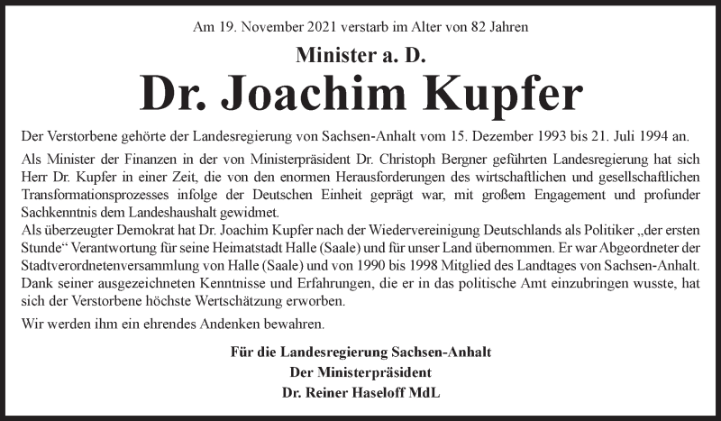  Traueranzeige für Joachim Kupfer vom 04.12.2021 aus Mitteldeutsche Zeitung Halle/Saalkreis