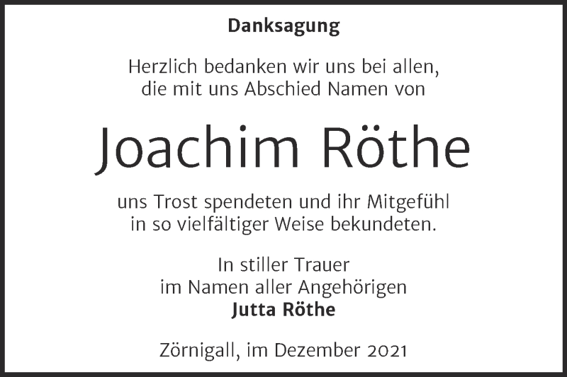  Traueranzeige für Joachim Röthe vom 18.12.2021 aus Trauerkombi Wittenberg