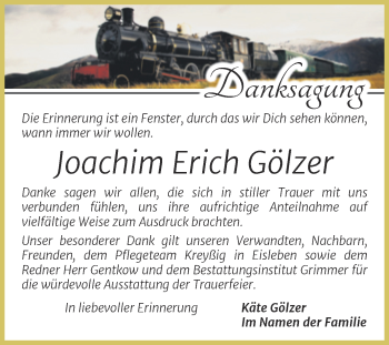 Traueranzeige von Joachim Erich Gölzer von Trauerkombi Mansfelder Land
