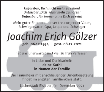 Traueranzeige von Joachim Erich Gölzer von Trauerkombi Mansfelder Land