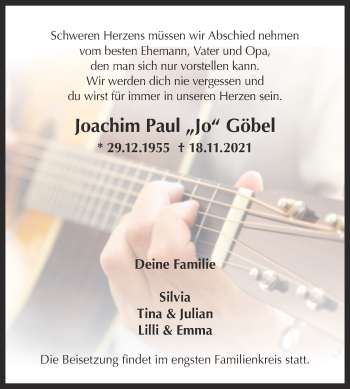 Traueranzeige von Joachim Paul Göbel von Trauerkombi Quedlinburg