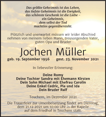 Traueranzeige von Jochen Müller von Trauerkombi Weißenfels