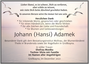 Traueranzeige von Johann  Adamek von Trauerkombi Merseburg