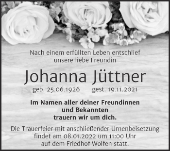 Traueranzeige von Johanna Jüttner von Trauerkombi Bitterfeld
