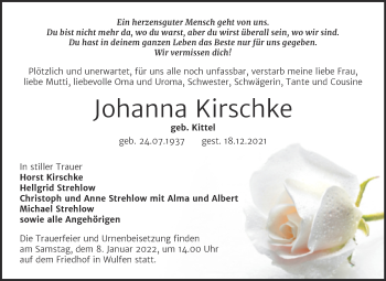 Traueranzeige von Johanna Kirschke von Trauerkombi Köthen