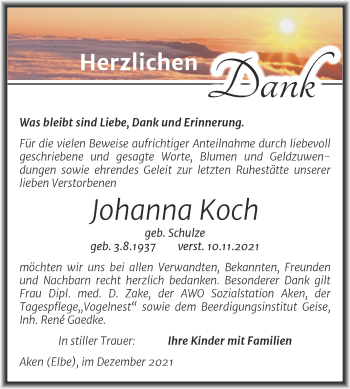 Traueranzeige von Johanna Koch von Trauerkombi Köthen