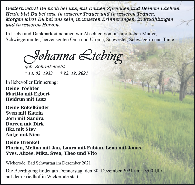  Traueranzeige für Johanna Liebing vom 28.12.2021 aus Mitteldeutsche Zeitung Sangerhausen
