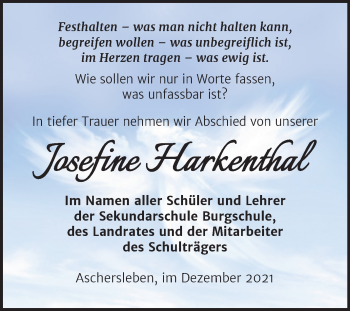 Traueranzeige von Josefine Harkenthal von Super Sonntag Aschersleben