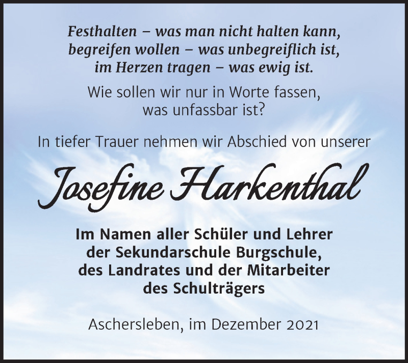  Traueranzeige für Josefine Harkenthal vom 11.12.2021 aus Super Sonntag Aschersleben