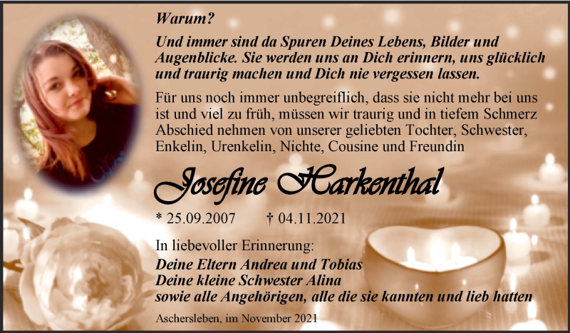  Traueranzeige für Josefine Harkenthal vom 04.12.2021 aus Trauerkombi Aschersleben