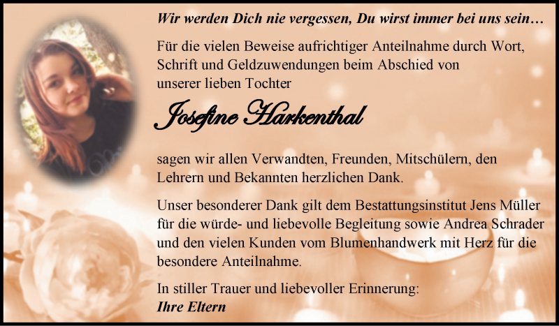  Traueranzeige für Josefine Harkenthal vom 18.12.2021 aus Trauerkombi Aschersleben