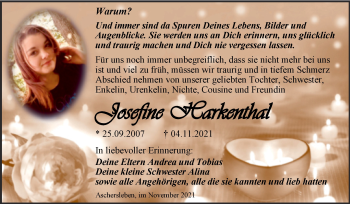 Traueranzeige von Josefine Harkenthal von Trauerkombi Aschersleben