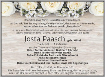 Traueranzeige von Josta Paasch von Trauerkombi Köthen