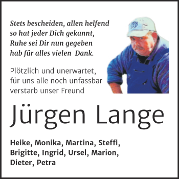 Traueranzeige von Jürgen Lange von Trauerkombi Wittenberg