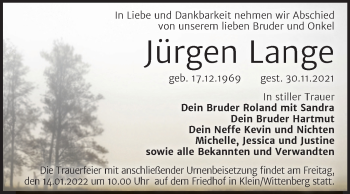 Traueranzeige von Jürgen Lange von Trauerkombi Wittenberg