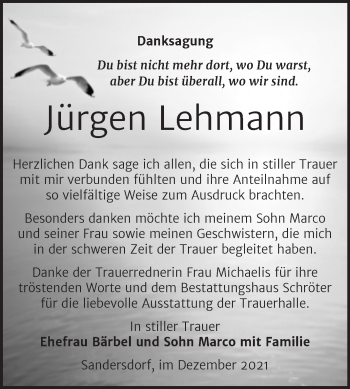 Traueranzeige von Jürgen Lehmann von Trauerkombi Bitterfeld