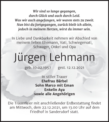 Traueranzeige von Jürgen Lehmann von Mitteldeutsche Zeitung Bitterfeld