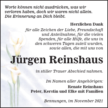 Traueranzeige von Jürgen Reinshaus von Trauerkombi Sangerhausen