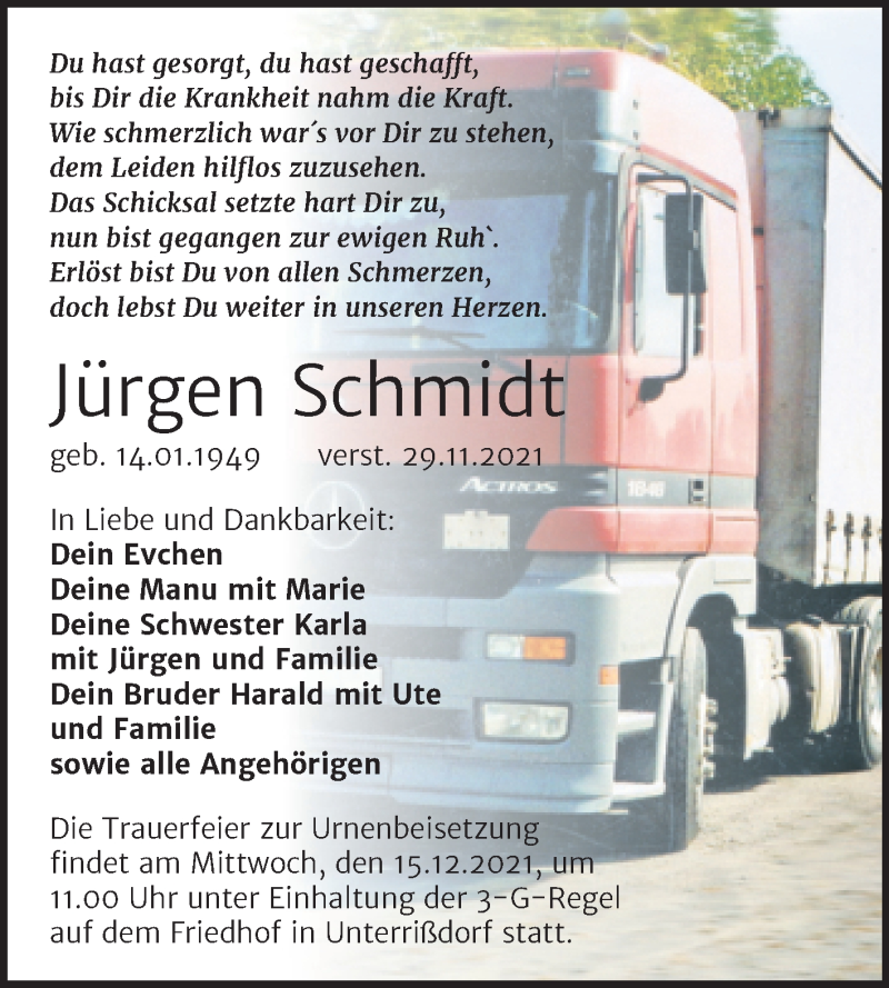  Traueranzeige für Jürgen Schmidt vom 11.12.2021 aus Trauerkombi Mansfelder Land