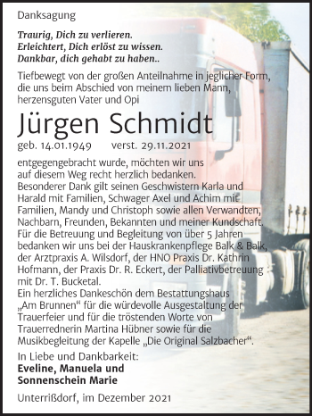 Traueranzeige von Jürgen Schmidt von Trauerkombi Mansfelder Land