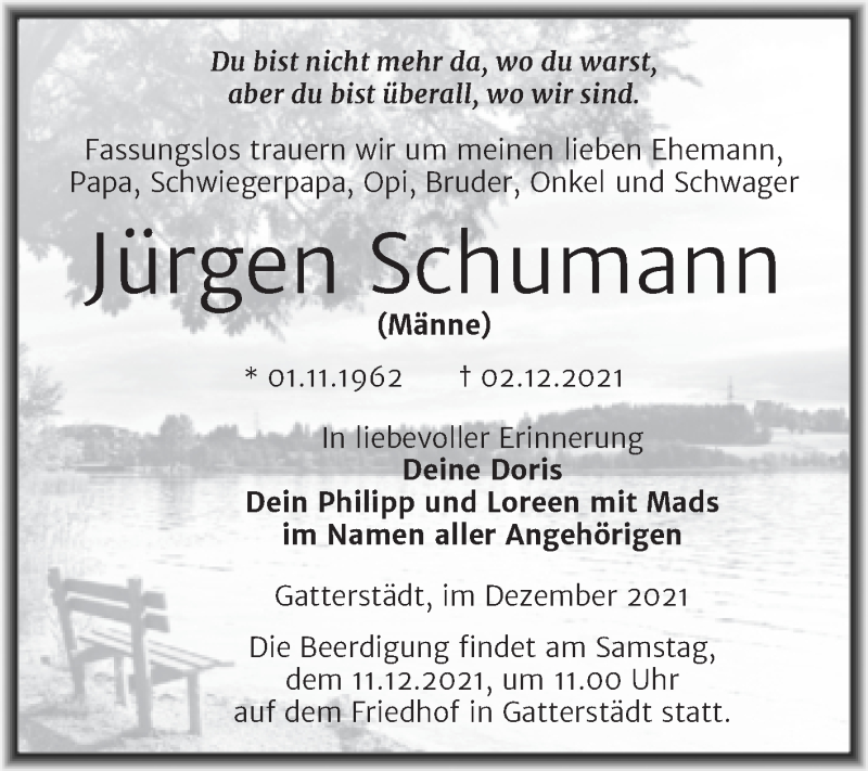  Traueranzeige für Jürgen Schumann vom 04.12.2021 aus Trauerkombi Merseburg
