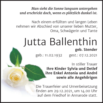 Traueranzeige von Jutta Ballenthin von Trauerkombi Mansfelder Land