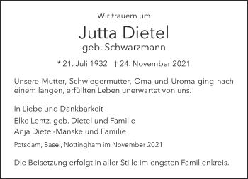 Traueranzeige von Jutta Dietel von Mitteldeutsche Zeitung Weißenfels