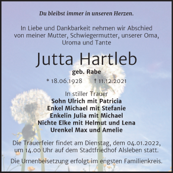 Traueranzeige von Jutta Hartleb von Trauerkombi Bernburg