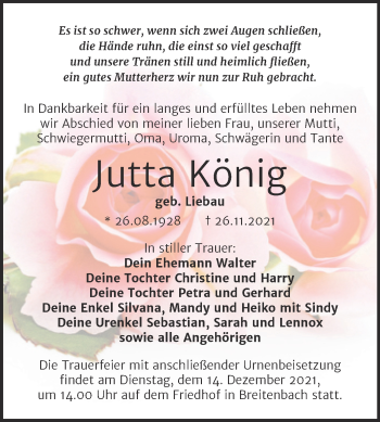 Traueranzeige von Jutta König von Trauerkombi Sangerhausen