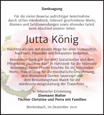 Traueranzeige von Jutta König von Trauerkombi Sangerhausen