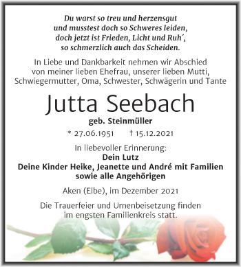 Traueranzeige von Jutta Seebach von Trauerkombi Köthen