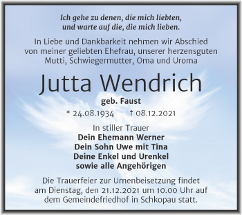 Traueranzeige von Jutta Wendrich von Trauerkombi Merseburg