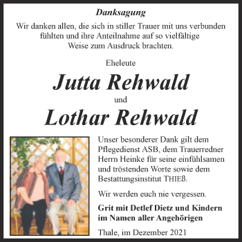 Traueranzeige von Jutta und Lothar Rehwald von Trauerkombi Quedlinburg