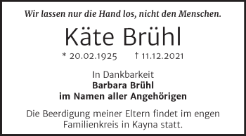 Traueranzeige von Käte Brühl von Trauerkombi Zeitz