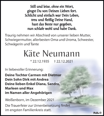 Traueranzeige von Käte Neumann von Trauerkombi Zeitz