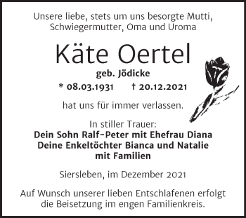 Traueranzeige von Käte Oertel von Trauerkombi Mansfelder Land