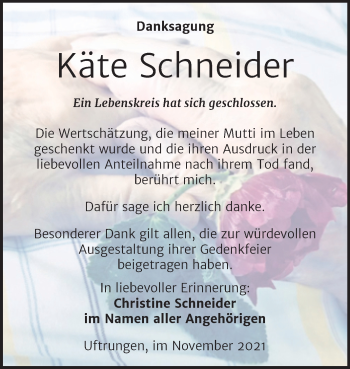 Traueranzeige von Käte Schneider von Trauerkombi Sangerhausen