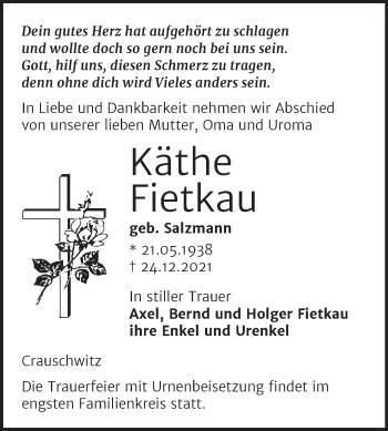 Traueranzeige von Käthe Fietkau von Naumburger Tageblatt