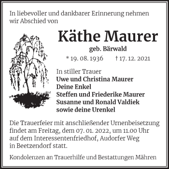 Traueranzeige von Käthe Maurer von Mitteldeutsche Zeitung Halle/Saalkreis