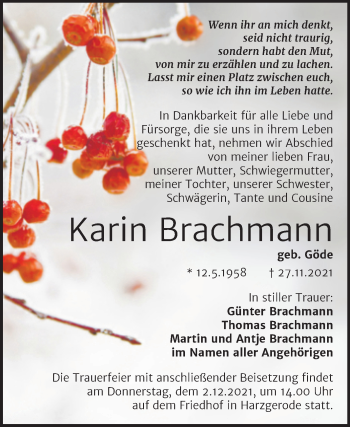 Traueranzeige von Karin Brachmann von Mitteldeutsche Zeitung Quedlingburg